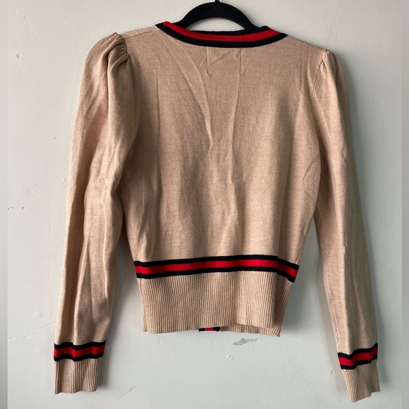Alexia Admor Frances Stripe Trim Cardigan | Camel, Red & Black | Size M - Picture 4 of 13